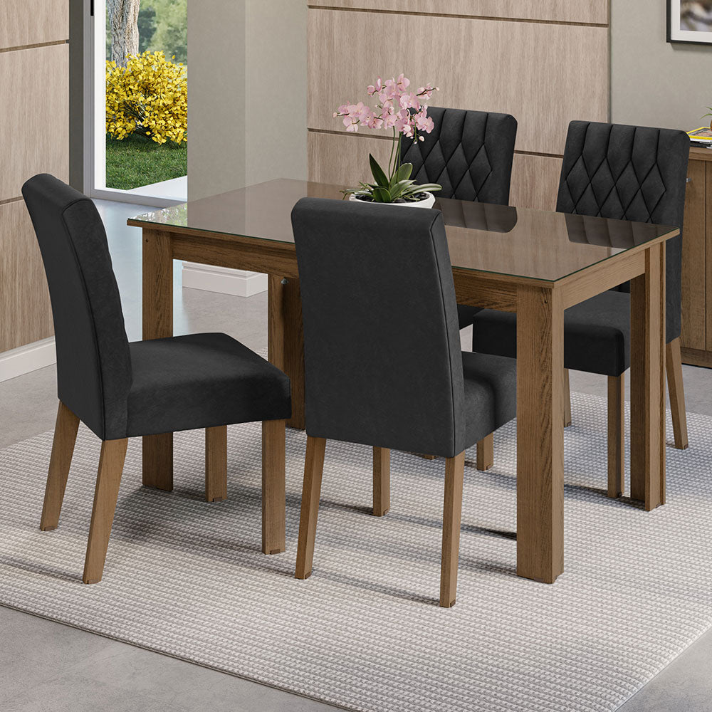 Conjunto Sala de Jantar Mesa Tampo de Vidro 4 Cadeiras Rustic/Oxford Celina Madesa