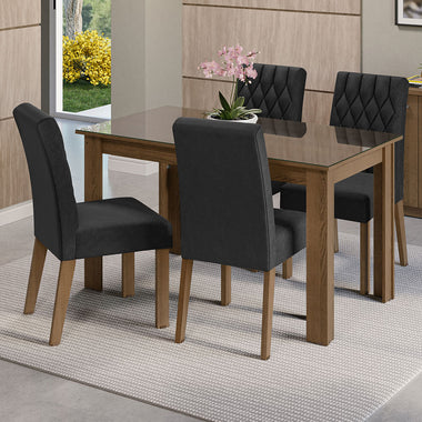 Conjunto Sala de Jantar Mesa Tampo de Vidro 4 Cadeiras Rustic/Oxford Celina Madesa
