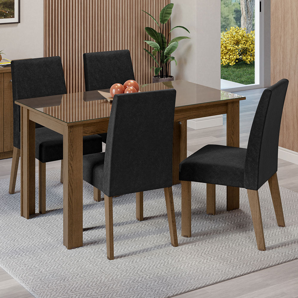 Conjunto Sala de Jantar Mesa Tampo de Vidro 4 Cadeiras Rustic/Oxford Antônia Madesa