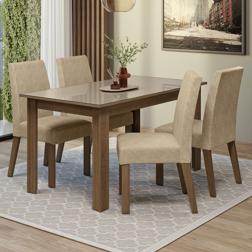 Conjunto Sala de Jantar Ravena Mesa Tampo de Vidro 4 Cadeiras Rustic/Crema/Suede Imperial Madesa