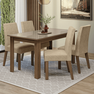 Conjunto Sala de Jantar Ravena Mesa Tampo de Vidro 4 Cadeiras Rustic/Crema/Suede Imperial Madesa
