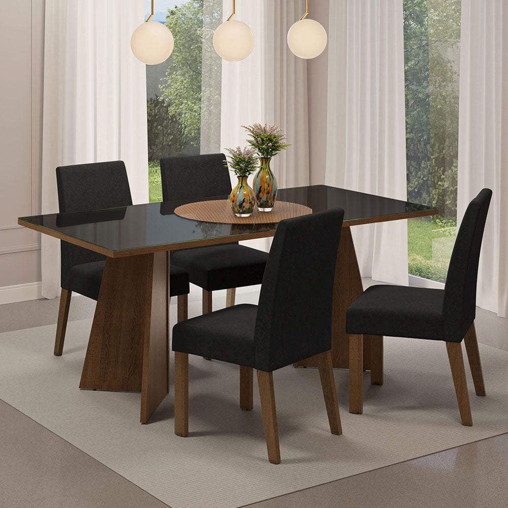 Conjunto Sala de Jantar Mesa Tampo de Vidro 4 Cadeiras Rustic/Preto/Oxford Taylor Madesa