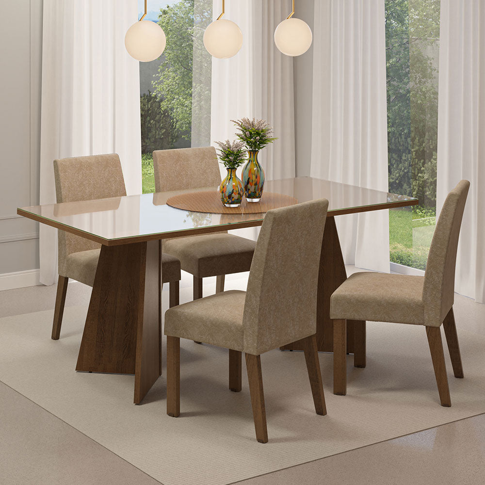 Conjunto Sala de Jantar Mesa Tampo de Vidro 4 Cadeiras Rustic/Crema/Imperial Taylor Madesa