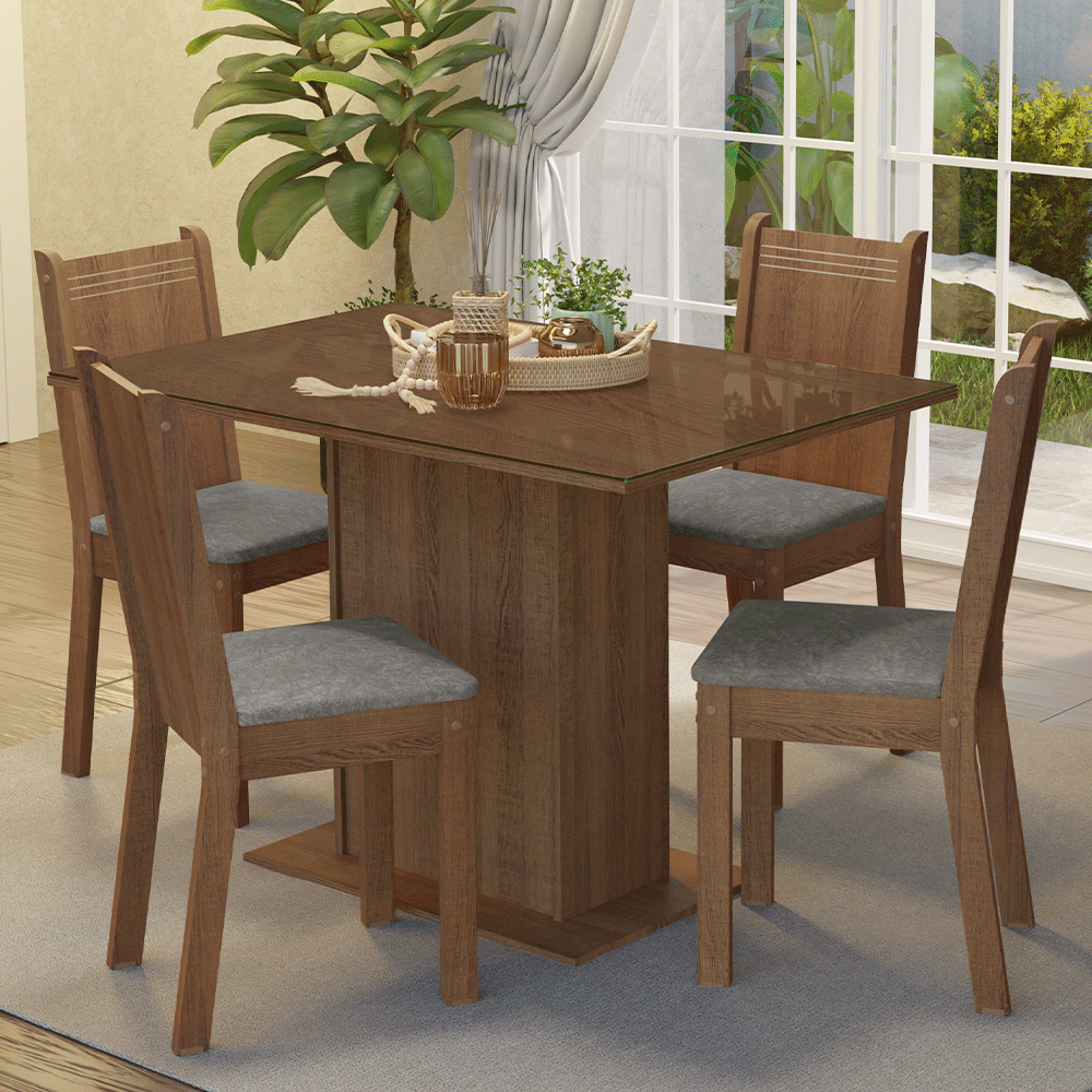 Conjunto Sala de Jantar Mesa Tampo de Vidro 4 Cadeiras Rustic/Silver Camélia Madesa