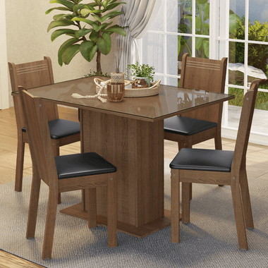 Conjunto Sala de Jantar Mesa Tampo de Vidro 4 Cadeiras Rustic/Preto Camélia Madesa