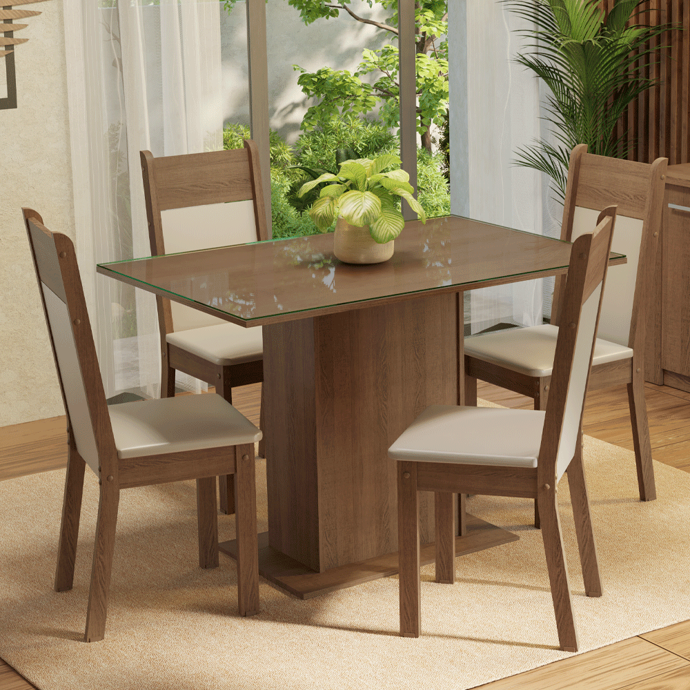 Conjunto Sala de Jantar Mesa Tampo de Vidro 4 Cadeiras Rustic/Crema/Bege Viena Madesa