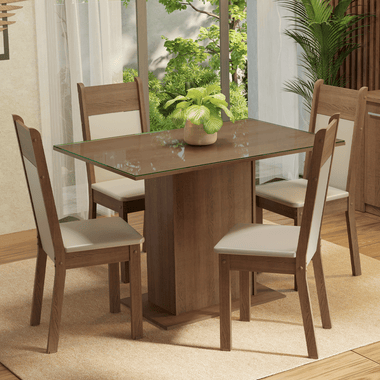 Conjunto Sala de Jantar Mesa Tampo de Vidro 4 Cadeiras Rustic/Crema/Bege Viena Madesa