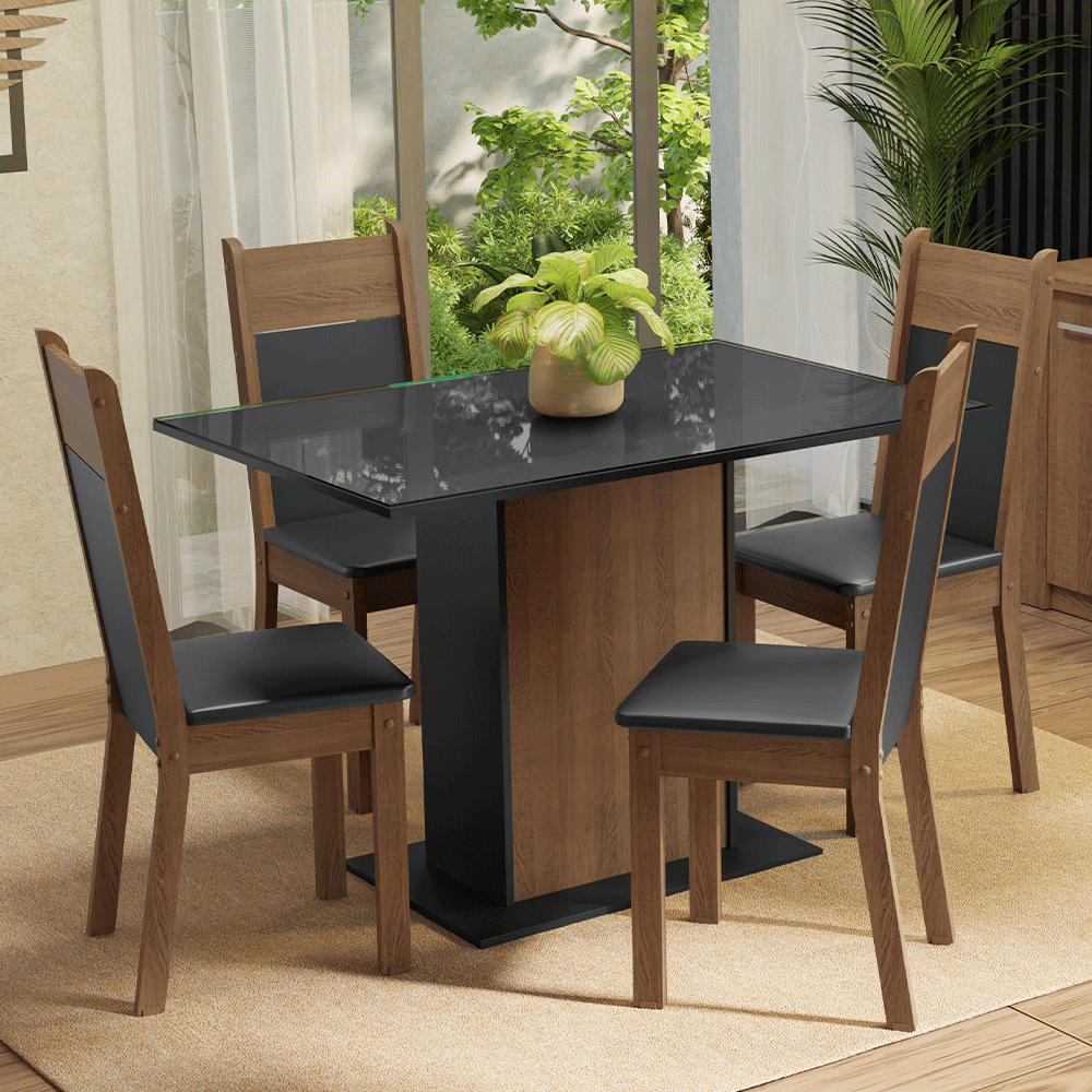 Conjunto Sala de Jantar Mesa Tampo de Vidro 4 Cadeiras Rustic/Preto Viena Madesa