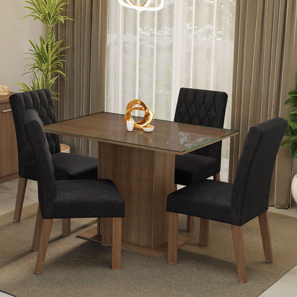 Conjunto Sala de Jantar Mesa Tampo de Vidro 4 Cadeiras Rustic/Oxford Reale Madesa