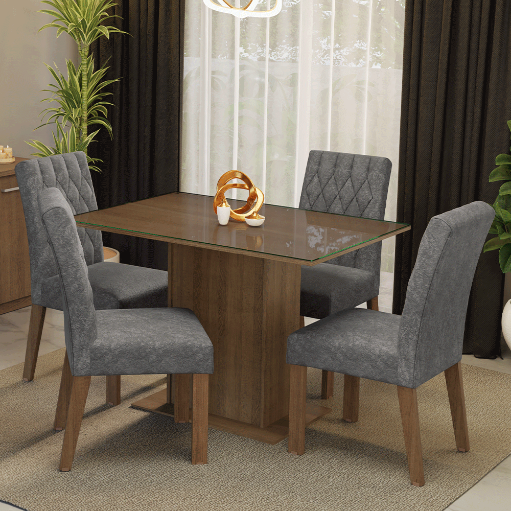 Conjunto Sala de Jantar Mesa Tampo de Vidro 4 Cadeiras Rustic/Silver Reale Madesa