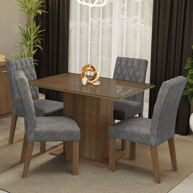 Conjunto Sala de Jantar Mesa Tampo de Vidro 4 Cadeiras Rustic/Silver Reale Madesa