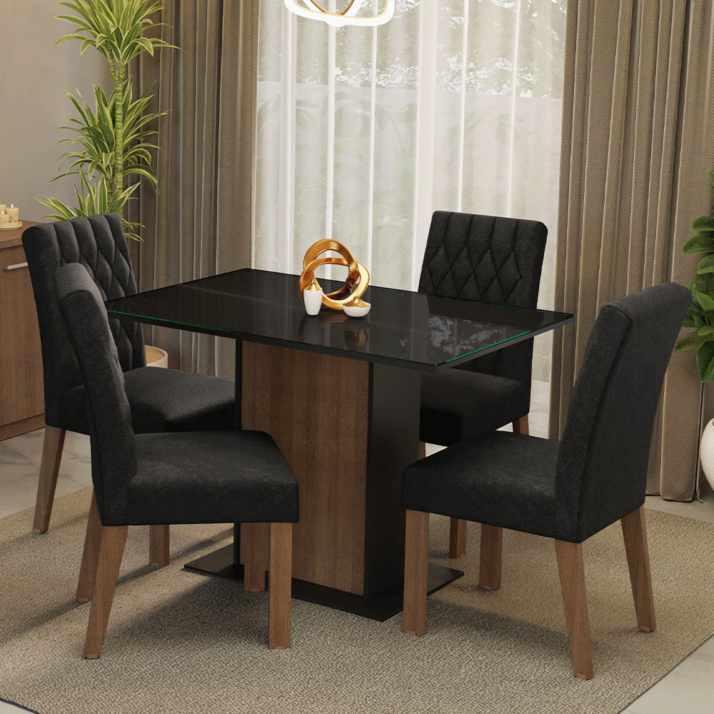 Conjunto Sala de Jantar Mesa Tampo de Vidro 4 Cadeiras Rustic/Preto/Oxford Reale Madesa