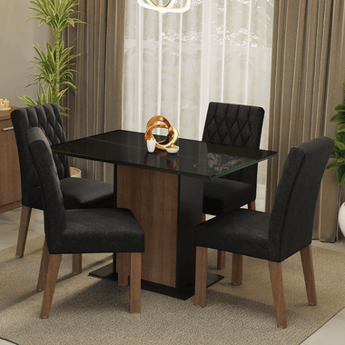 Conjunto Sala de Jantar Mesa Tampo de Vidro 4 Cadeiras Rustic/Preto/Oxford Reale Madesa