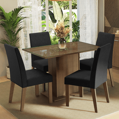 Conjunto Sala de Jantar Mesa Tampo de Vidro 4 Cadeiras Rustic/Oxford Zion Madesa