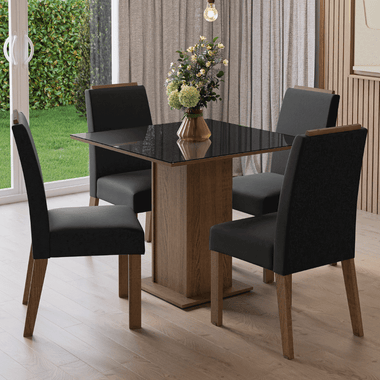 Conjunto Sala de Jantar Tampo de Vidro 4 Cadeiras Rustic/Preto/Oxford Sines Madesa