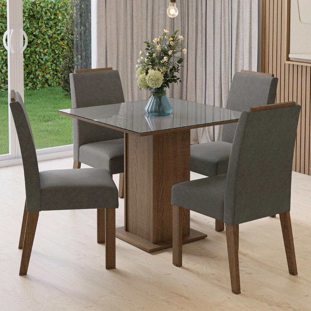 Conjunto Sala de Jantar Tampo de Vidro 4 Cadeiras Rustic/Cinza/Silver Sines Madesa