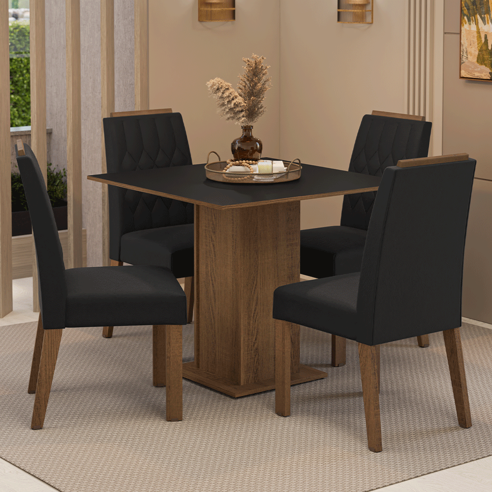 Conjunto Sala de Jantar Tampo de Madeira 4 Cadeiras Rustic/Preto/Oxford Cannes Madesa