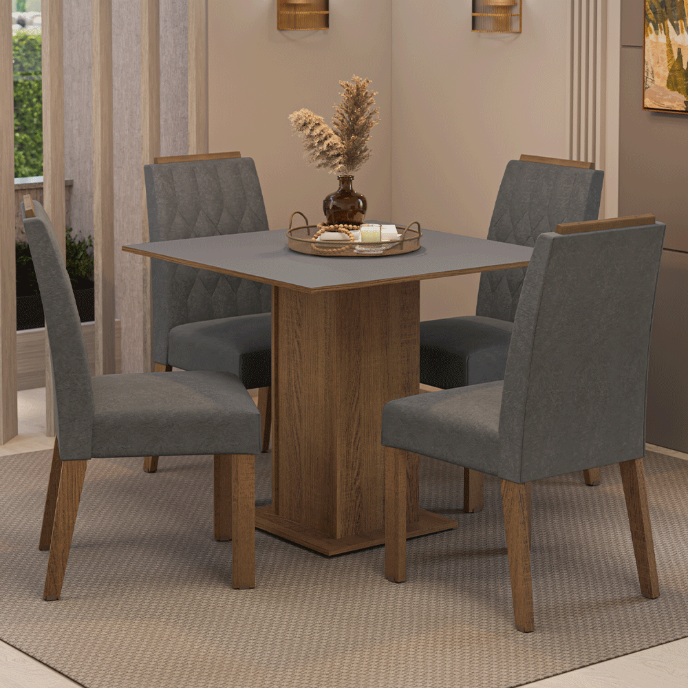 Conjunto Sala de Jantar Tampo de Madeira 4 Cadeiras Rustic/Cinza/Silver Cannes Madesa