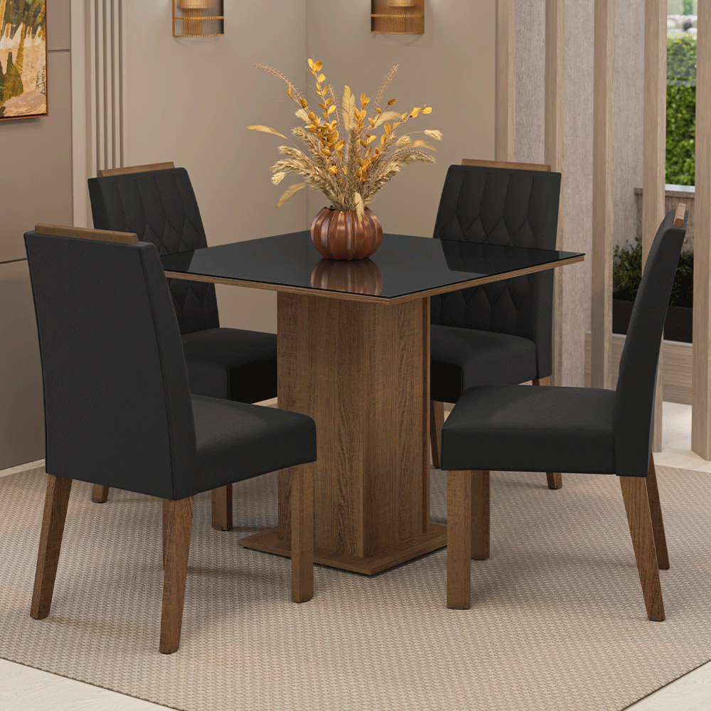 Conjunto Sala de Jantar Tampo de Vidro 4 Cadeiras Rustic/Preto/Oxford Capri Madesa