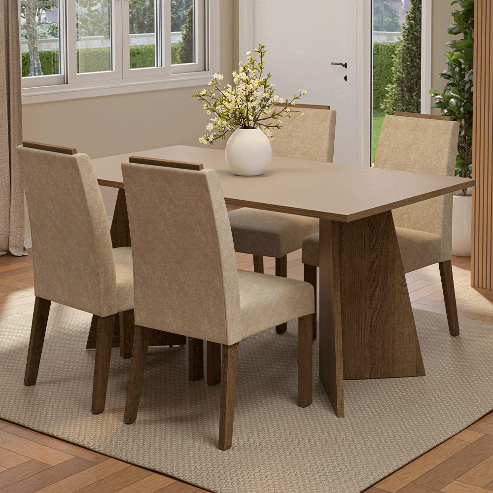 Conjunto Sala de Jantar Tampo de Madeira 4 Cadeiras Rustic/Crema/Imperial Évora Madesa