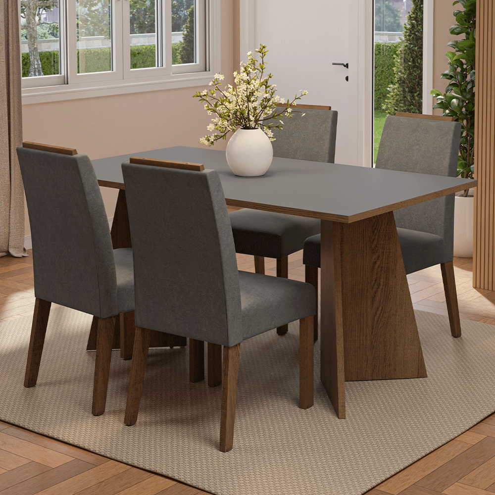 Conjunto Sala de Jantar Tampo de Madeira 4 Cadeiras Rustic/Cinza/Silver Évora Madesa