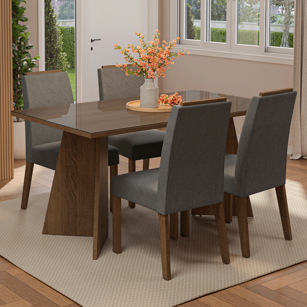 Conjunto Sala de Jantar Tampo de Vidro 4 Cadeiras Rustic/Silver Braga Madesa