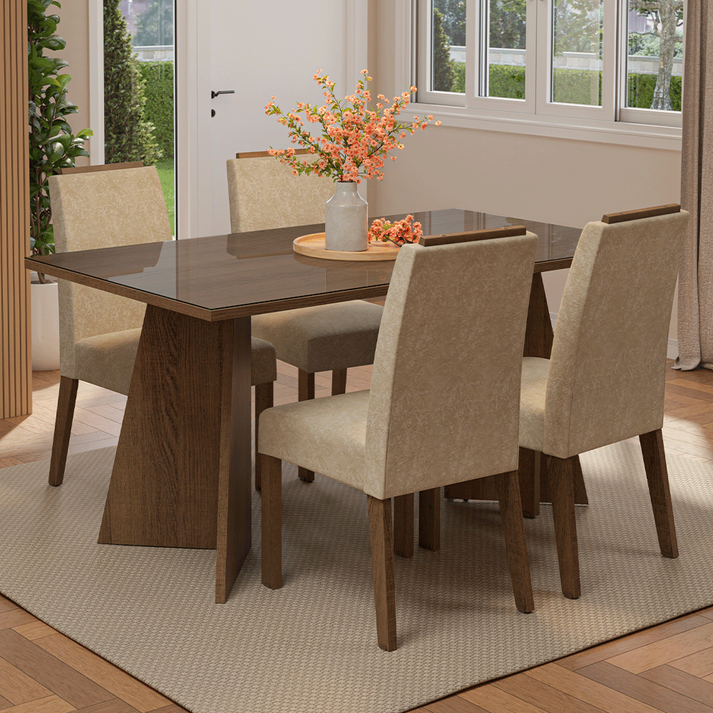 Conjunto Sala de Jantar Tampo de Vidro 4 Cadeiras Rustic/Imperial Braga Madesa