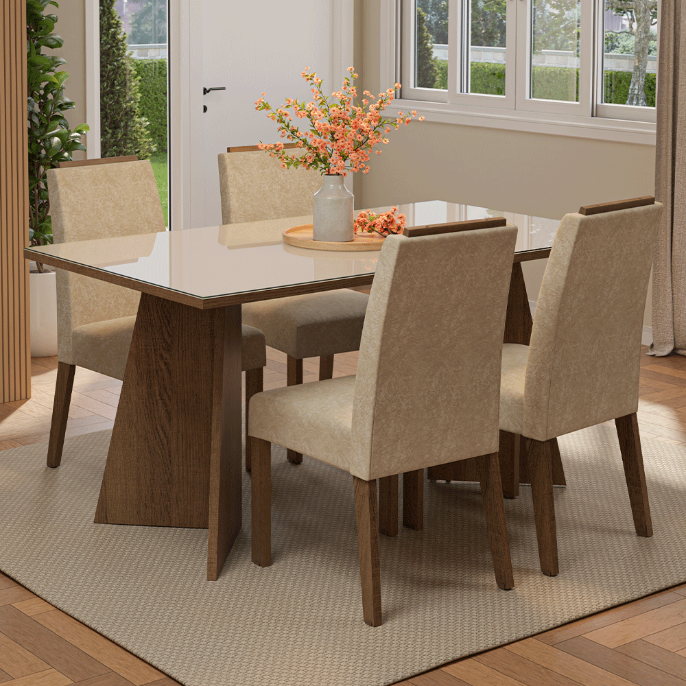 Conjunto Sala de Jantar Tampo de Vidro 4 Cadeiras Rustic/Crema/Imperial Braga Madesa