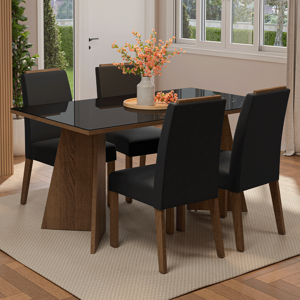 Conjunto Sala de Jantar Tampo de Vidro 4 Cadeiras Rustic/Preto/Oxford Braga Madesa