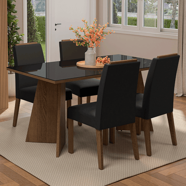 Conjunto Sala de Jantar Tampo de Vidro 4 Cadeiras Rustic/Preto/Oxford Braga Madesa
