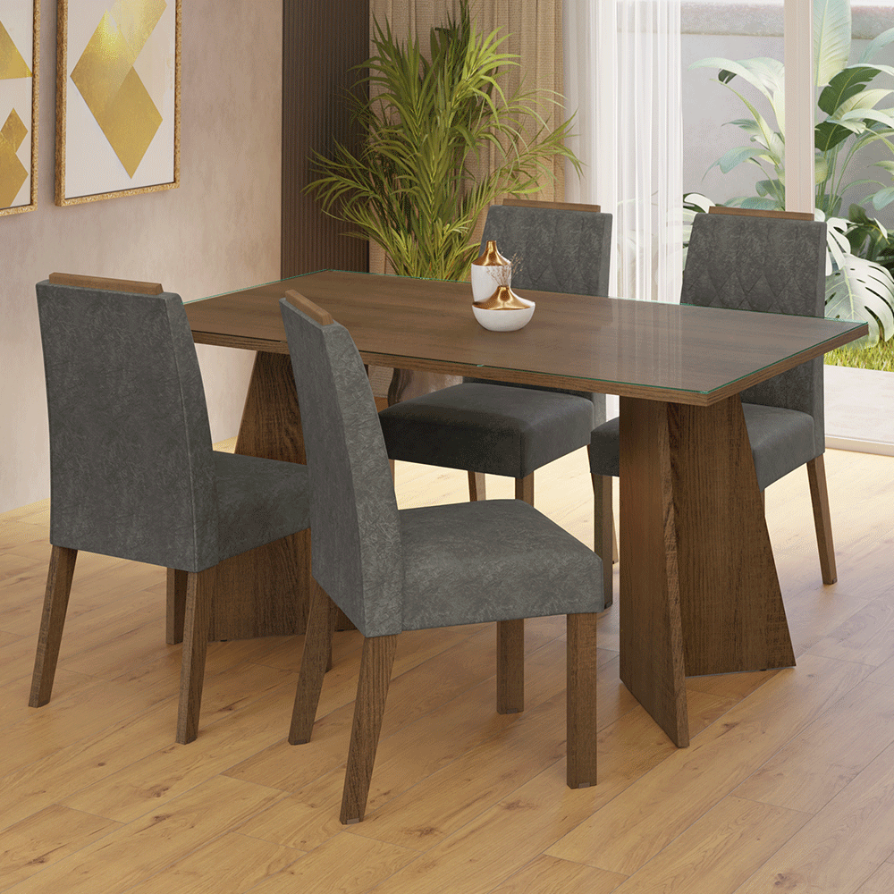Conjunto Sala de Jantar Mesa Tampo de Vidro 4 Cadeiras Rustic/Silver Porto Madesa