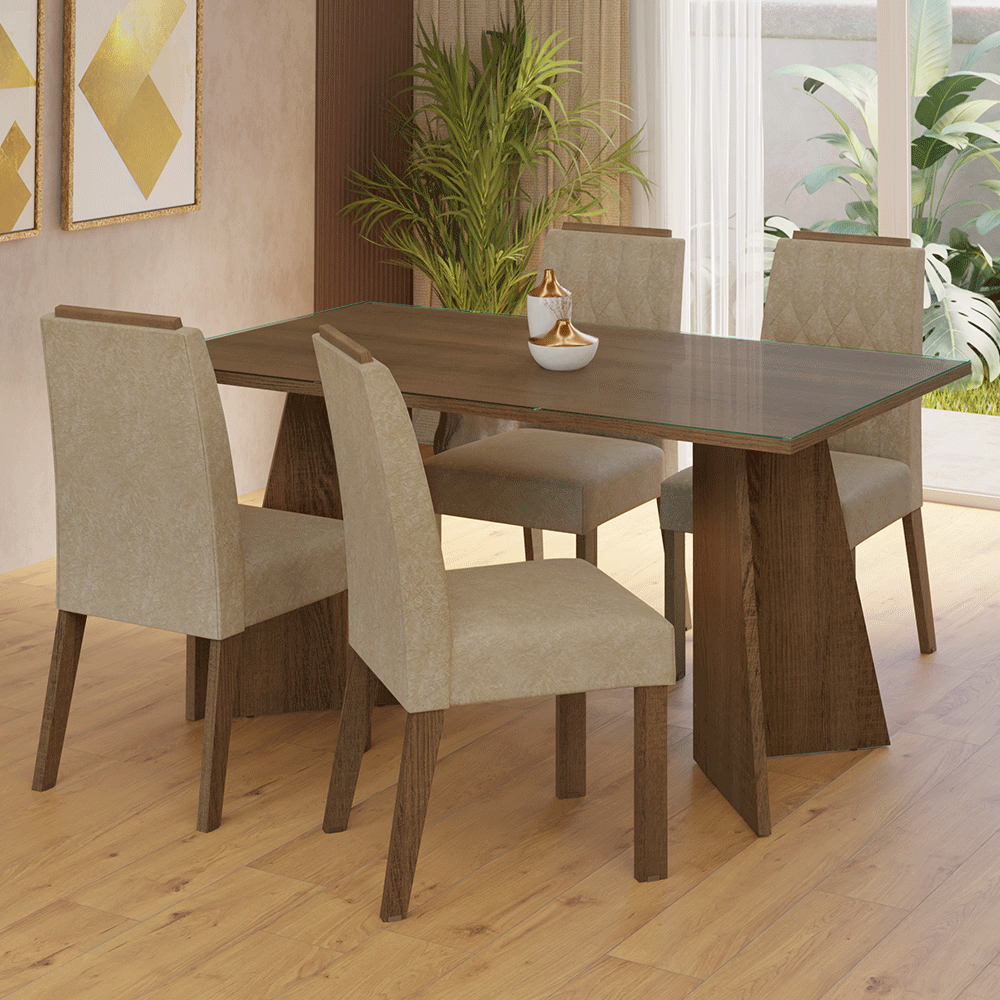 Conjunto Sala de Jantar Mesa Tampo de Vidro 4 Cadeiras Rustic/Imperial Porto Madesa
