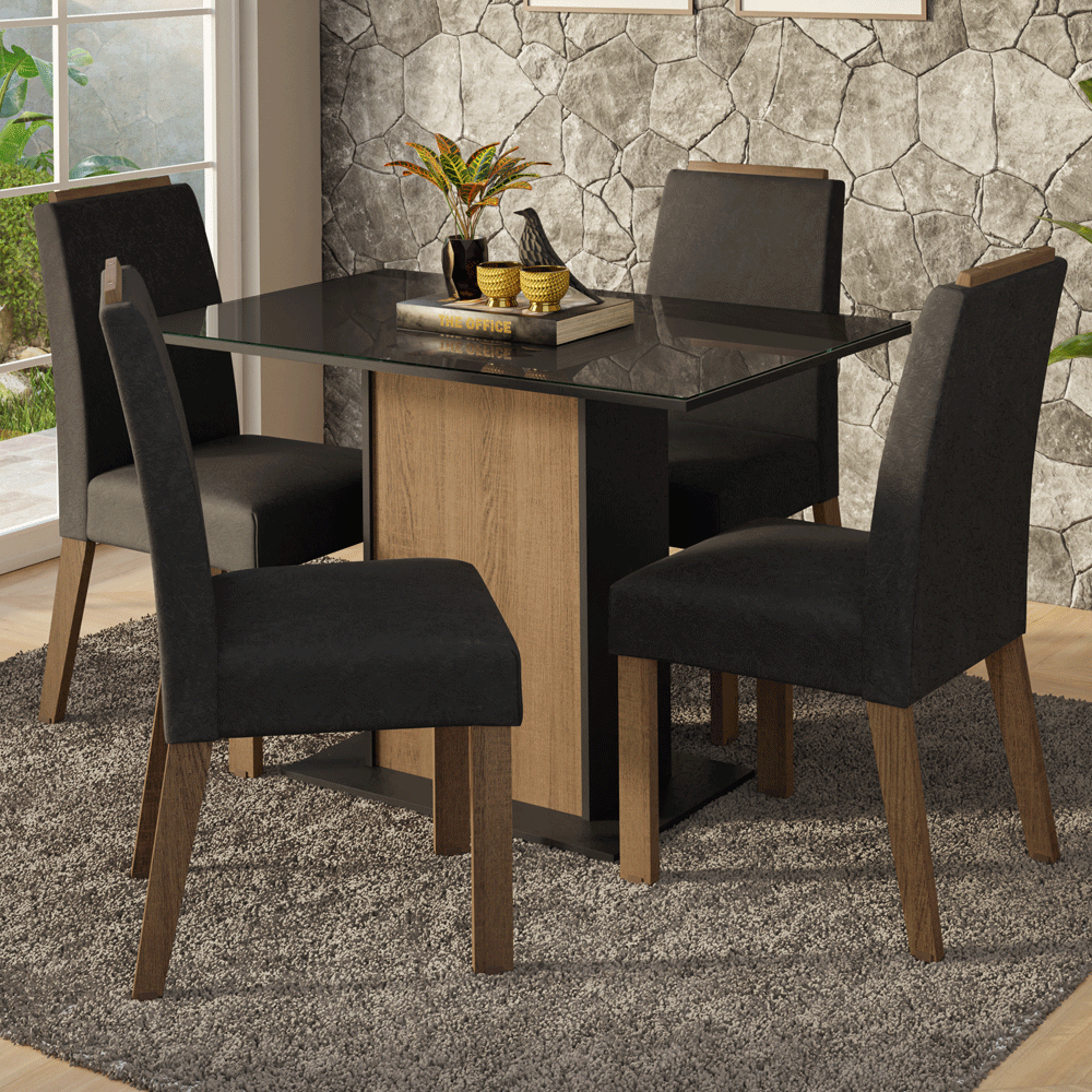 Conjunto Sala de Jantar Tampo de Vidro 4 Cadeiras Rustic/Preto/Oxford Jasmin Madesa
