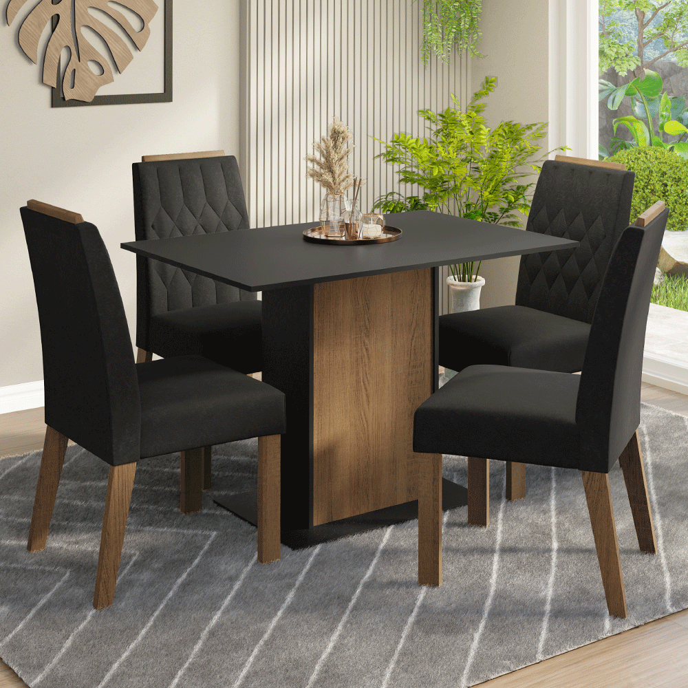 Conjunto Sala de Jantar Tampo de Madeira 4 Cadeiras Rustic/Preto/Oxford Romã Madesa