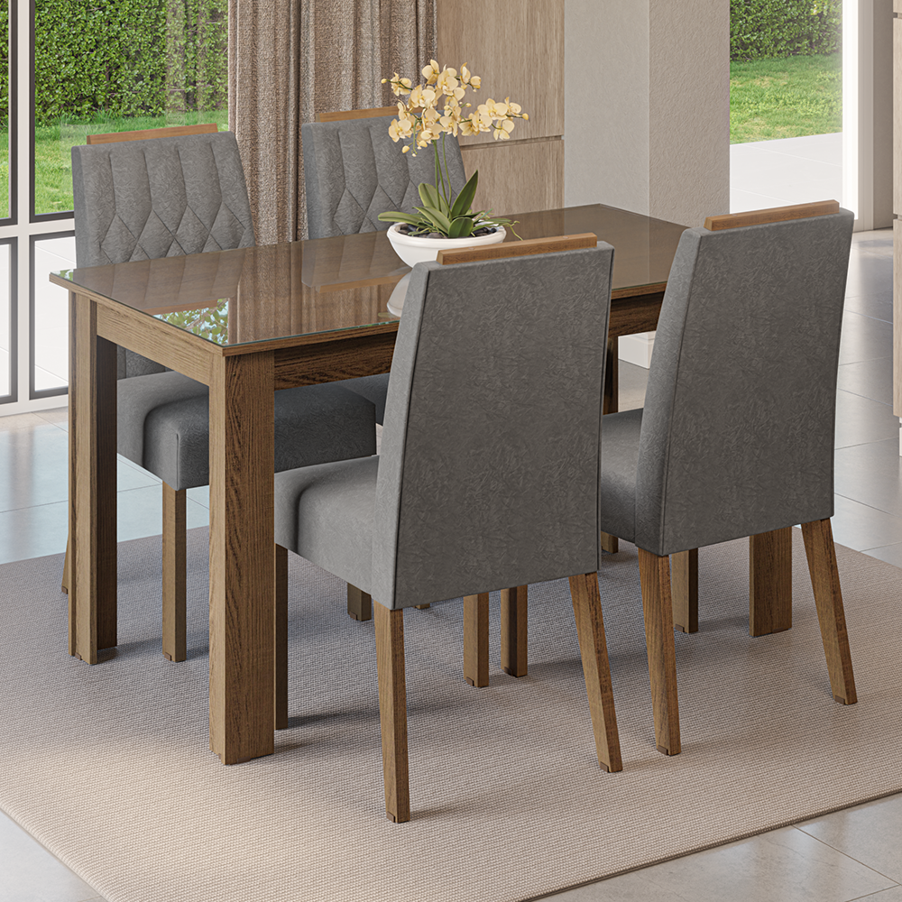 Conjunto Sala de Jantar Tampo de Vidro 4 Cadeiras Rustic/Silver Pétala Madesa