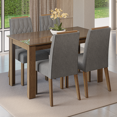 Conjunto Sala de Jantar Tampo de Vidro 4 Cadeiras Rustic/Silver Pétala Madesa