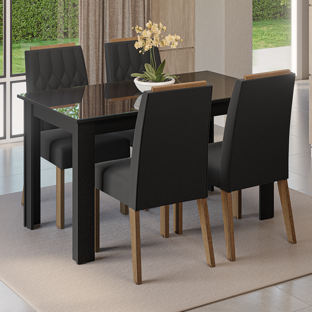 Conjunto Sala de Jantar Tampo de Vidro 4 Cadeiras Rustic/Preto/Oxford Pétala Madesa