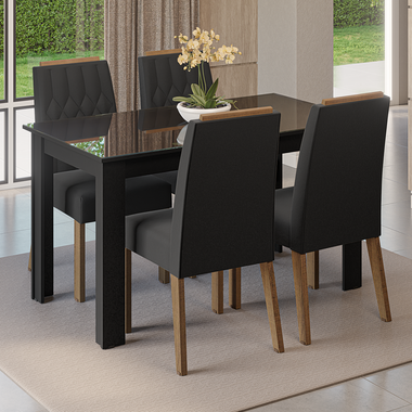 Conjunto Sala de Jantar Tampo de Vidro 4 Cadeiras Rustic/Preto/Oxford Pétala Madesa