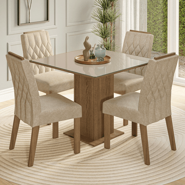 Conjunto Sala de Jantar Tampo de Vidro 4 Cadeiras Rustic/Crema/Imperial Sálvia Madesa