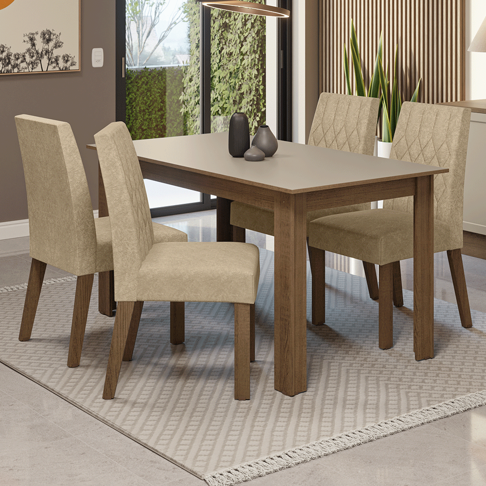 Conjunto Sala de Jantar Lótus Mesa Tampo de Madeira 4 Cadeiras Rustic/Crema/Suede Imperial Madesa