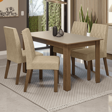 Conjunto Sala de Jantar Lótus Mesa Tampo de Madeira 4 Cadeiras Rustic/Crema/Suede Imperial Madesa