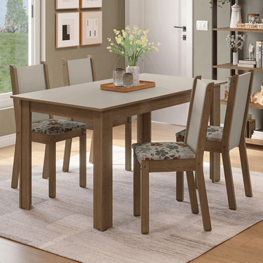 Conjunto Sala de Jantar Alva Mesa Tampo de Madeira 4 Cadeiras Rustic/Crema/Floral Hibiscos Madesa