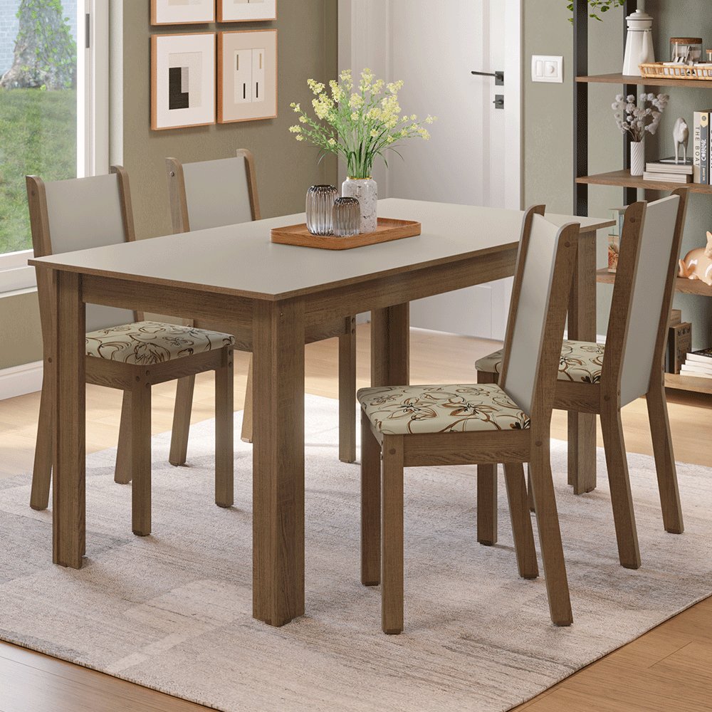 Conjunto Sala de Jantar Alva Mesa Tampo de Madeira 4 Cadeiras Rustic/Crema/Lírio Bege Madesa