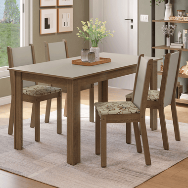 Conjunto Sala de Jantar Alva Mesa Tampo de Madeira 4 Cadeiras Rustic/Crema/Lírio Bege Madesa