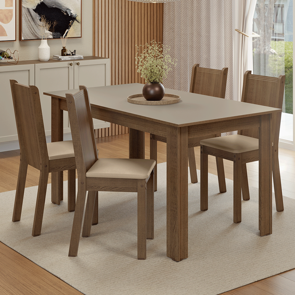 Conjunto Sala de Jantar Amora Mesa Tampo de Madeira 4 Cadeiras Rustic/Crema/Sintético Bege Madesa