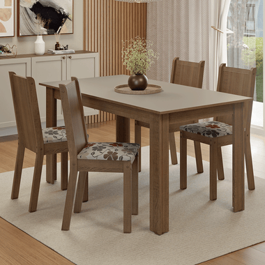 Conjunto Sala de Jantar Amora Mesa Tampo de Madeira 4 Cadeiras Rustic/Crema/Floral Hibiscos Madesa