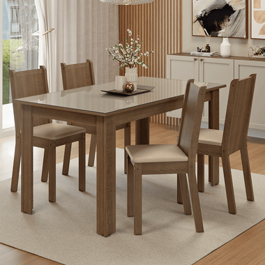 Conjunto Sala de Jantar Avelã Mesa Tampo de Vidro 4 Cadeiras Rustic/Crema/Sintético Bege Madesa