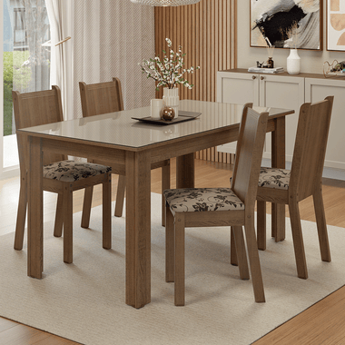 Conjunto Sala de Jantar Avelã Mesa Tampo de Vidro 4 Cadeiras Rustic/Crema/Bege Marrom Madesa
