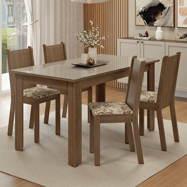 Conjunto Sala de Jantar Avelã Mesa Tampo de Vidro 4 Cadeiras Rustic/Crema/Lírio Bege Madesa