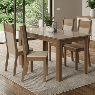 Conjunto Sala de Jantar Canela Mesa Tampo de Vidro 4 Cadeiras Rustic/Crema/Sintético Bege Madesa
